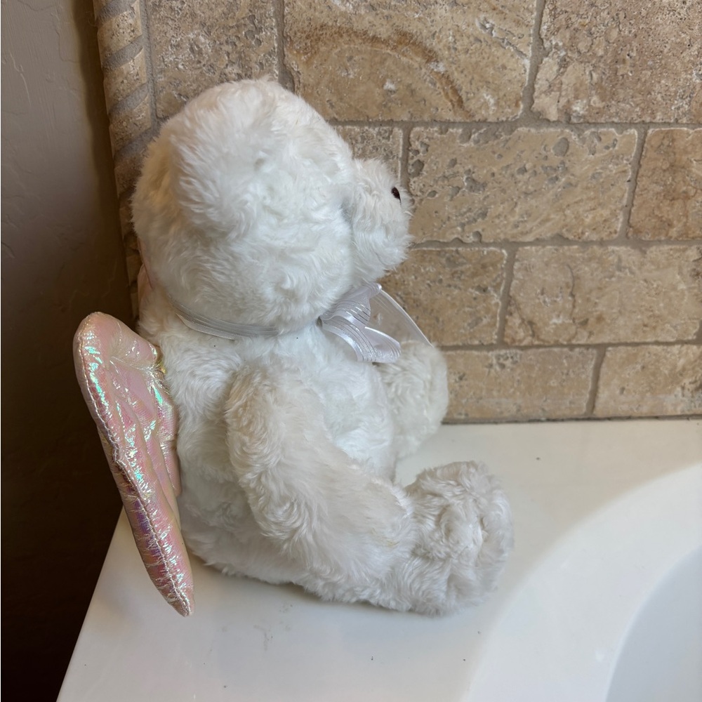 White Plush Teddy Bear with Bow and Angel Wings Vintage Toy Stuffed Animal - Picture 2 of 6